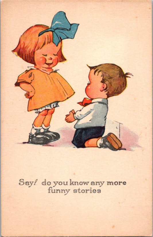 Vintage Postcard Little Boy Bent Knee Begging On A Cutie Girl Unposted