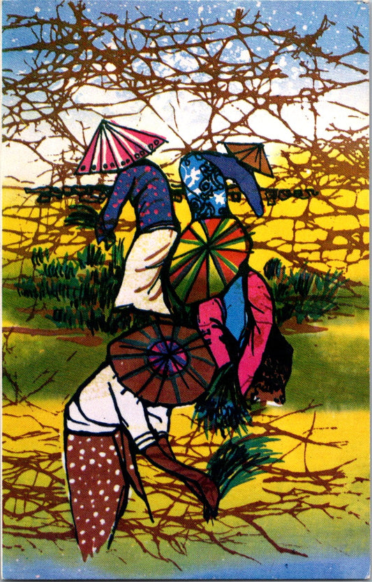 Vintage Postcard Beautiful Batik Painting Rice Planting Posted