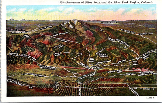 Vintage Postcard The Panorama Of The Pikes Peak And Pikes Peak Region Colorado