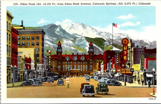 Vintage Postcard Pikes Peak From Pikes Peak Avenue Colorado Springs Unposted