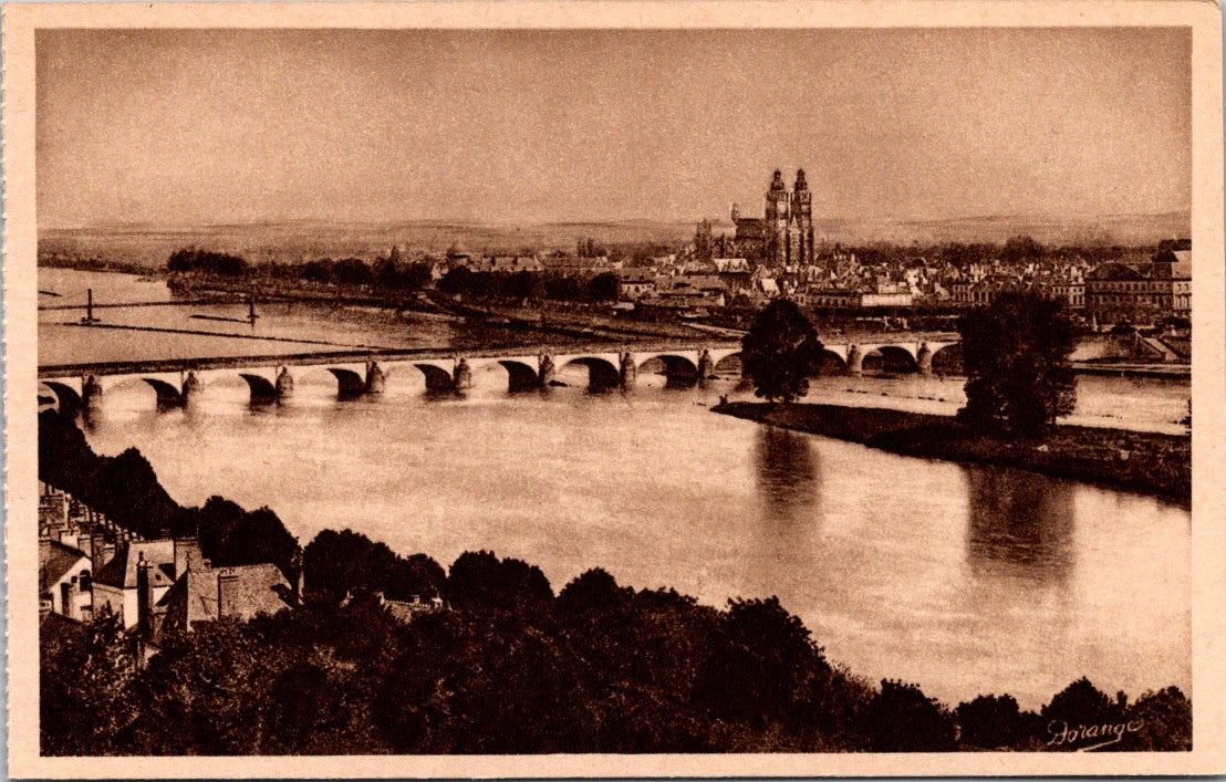 Vintage Postcard General View Stone Bridge Over Loire And The Cathedral France