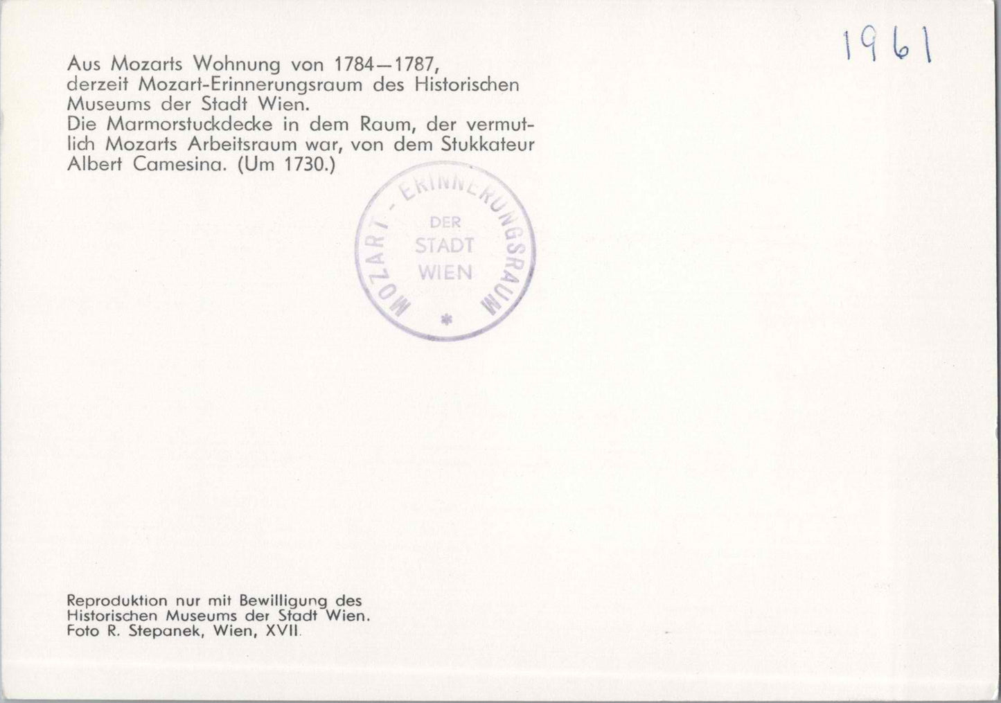 Vintage Postcard From Mozart's Apartment Memorial Room Vienna Museum Austria