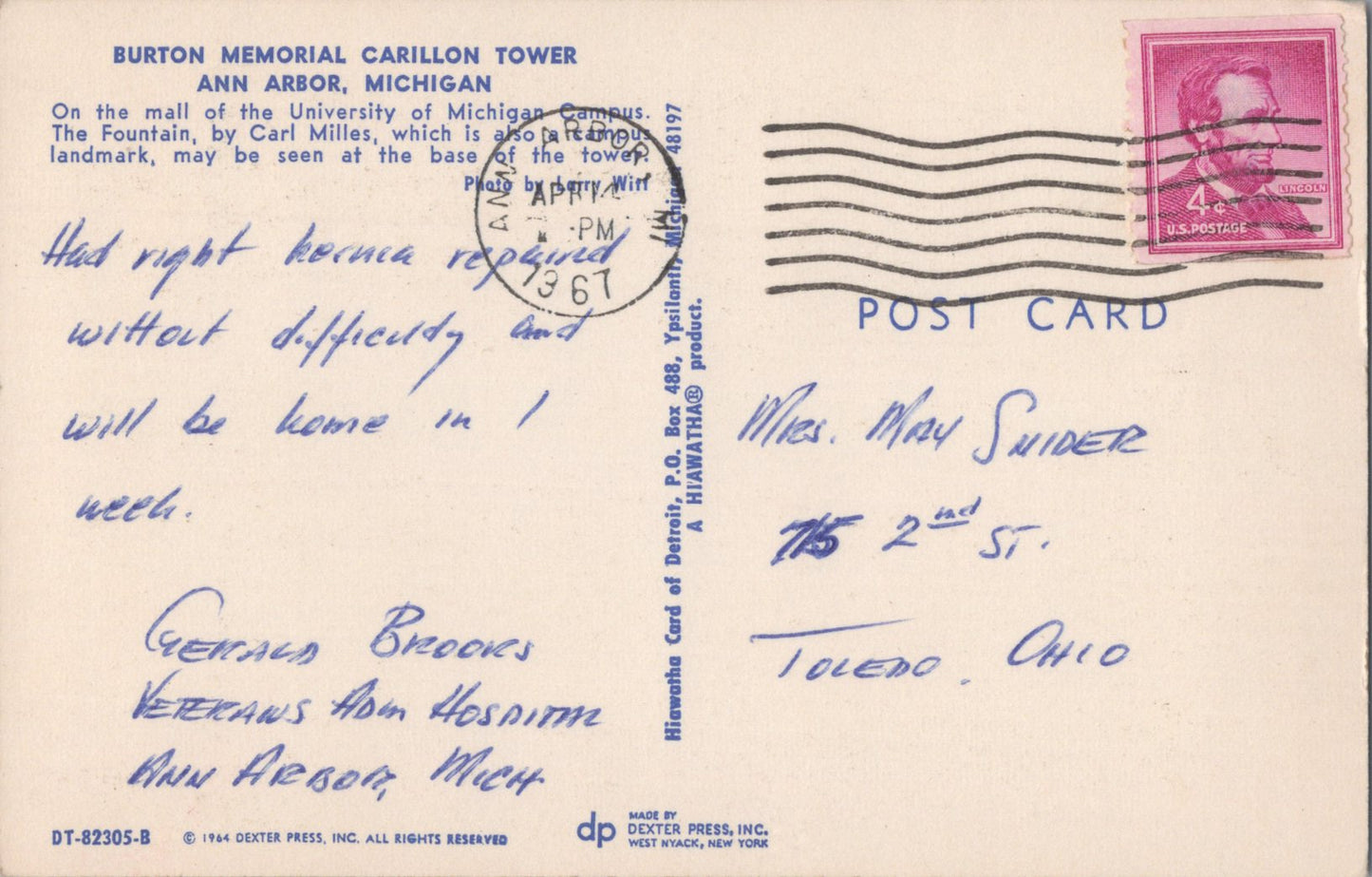 Vintage Postcard Burton Memorial Carillon Tower Ann Arbor Michigan Posted 1967