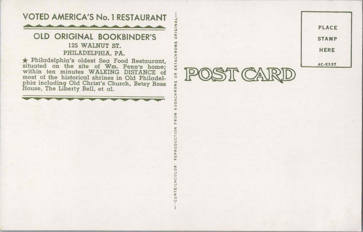 Vintage Postcard Philadelphia's Old Famous Seafood Restaurant Pennsylvania