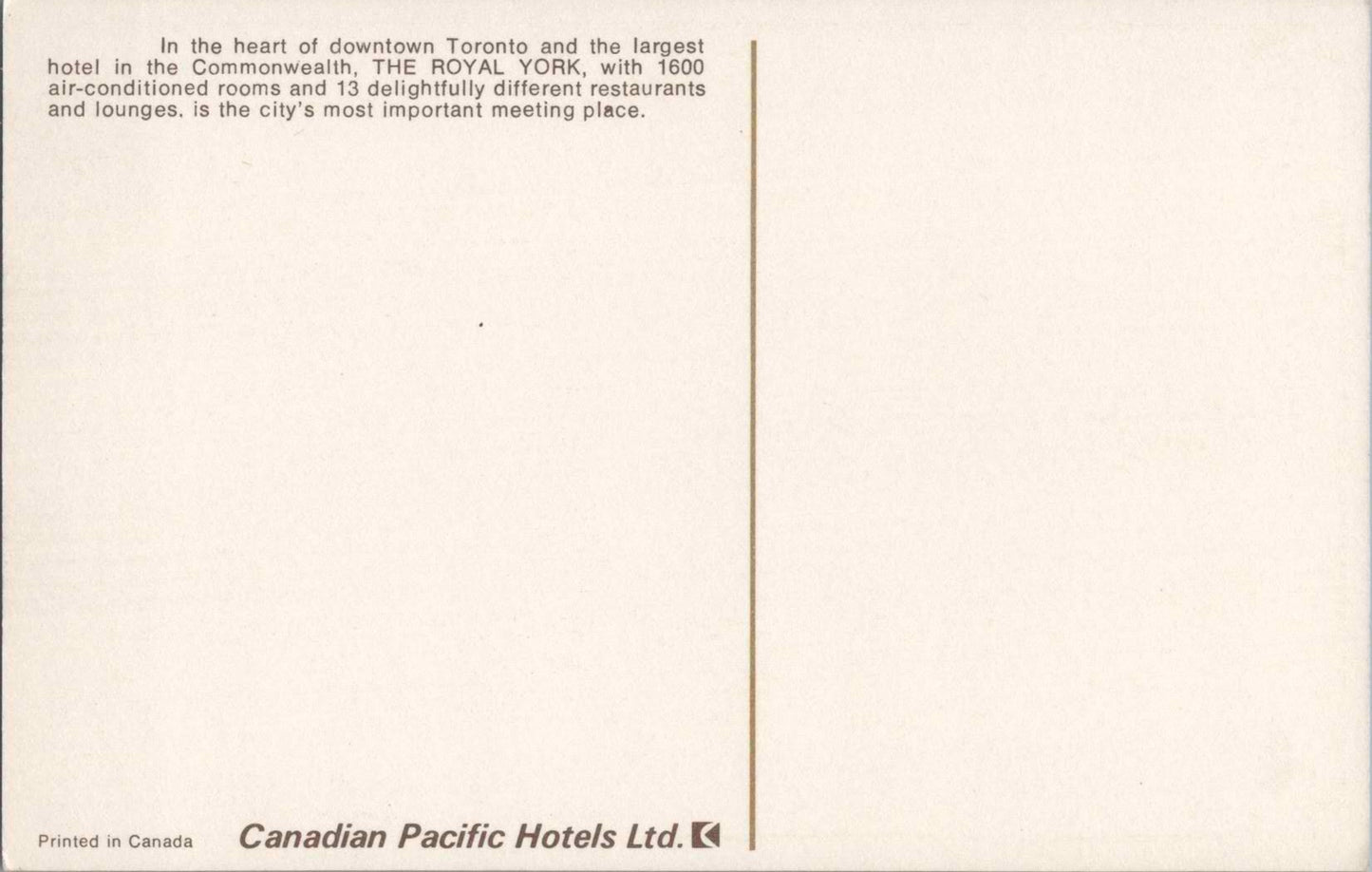 Vintage Postcard The Royal York Toronto Canada Unposted