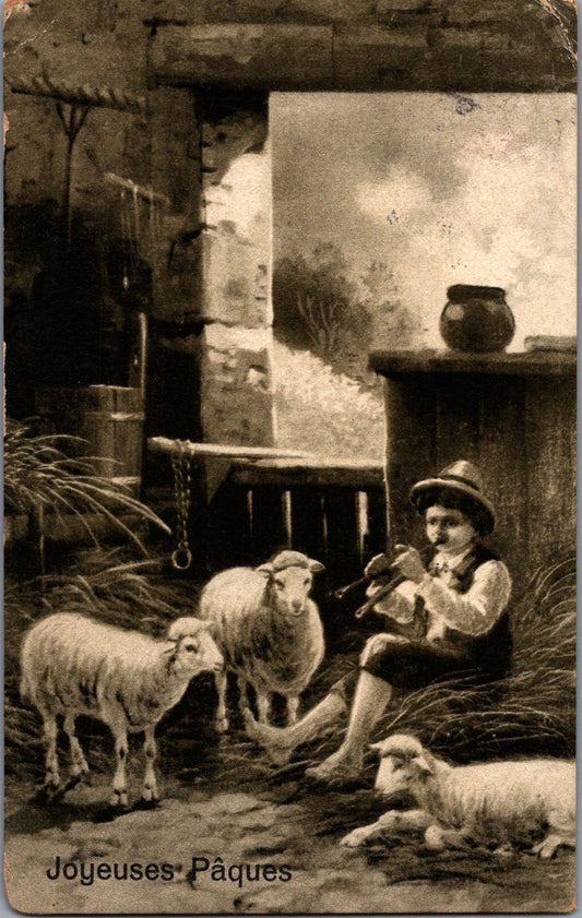 Vintage Postcard A Painting Joyeuses Pâques Liittle Boy Sheep Easter Unposted