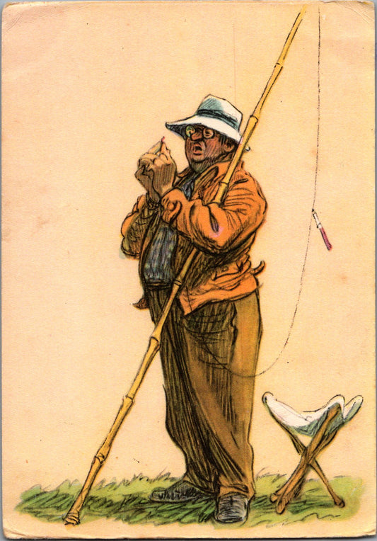 Vintage Postcard Photo Of A Fisherman Going Fishing Unposted