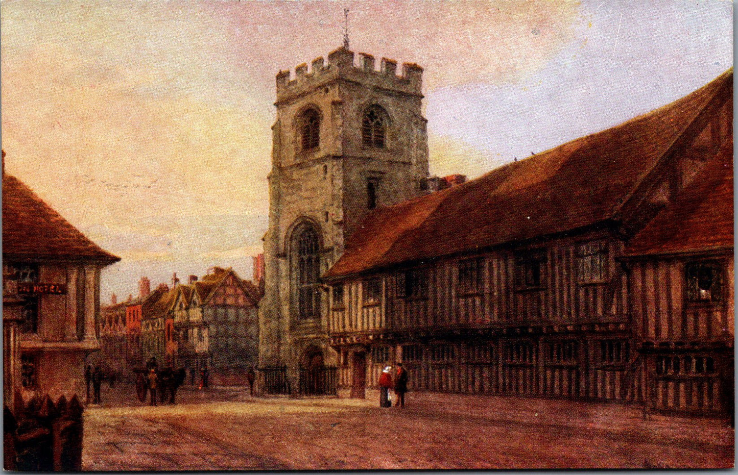 Vintage Postcard Guild Chapel And & Shakespeare's School Stratford On Avon