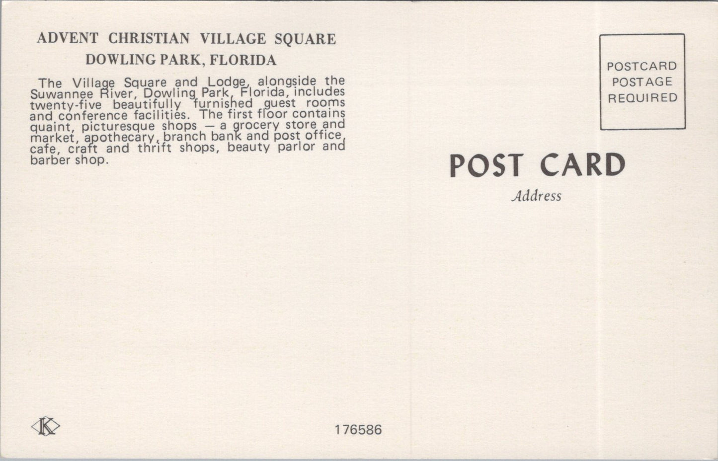 Vintage Postcard Advent Christian Village Square Dowling Park Florida Unposted