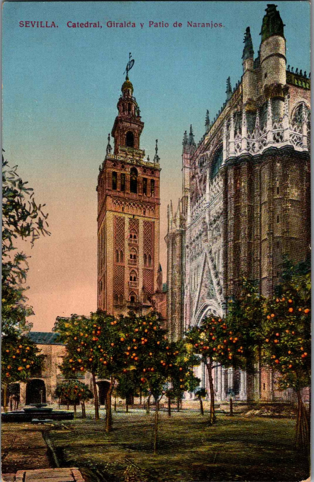 Vintage Postcard The Giralda Cathedral And Orange Grove Spain Posted