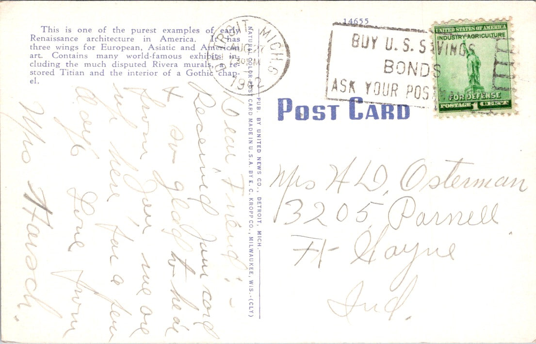 Vintage Postcard Institute Of Arts Detroit Michigan Posted 1942