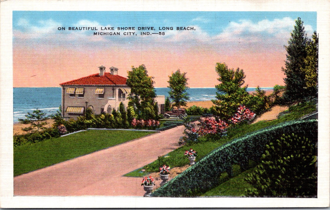 Vintage Postcard On Beautiful Lake Shore Drive Long Beach Michigan Posted 1935