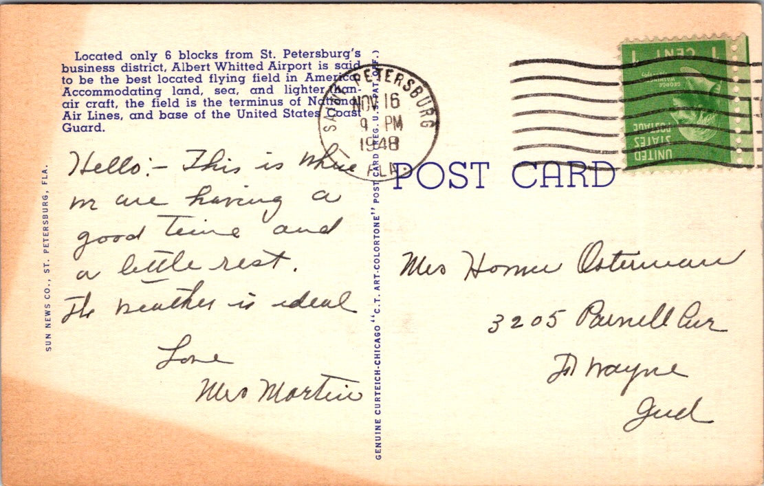 Vintage Postcard St. Petersburg From An Air Liner florida Posted 1948 US 1 Cent