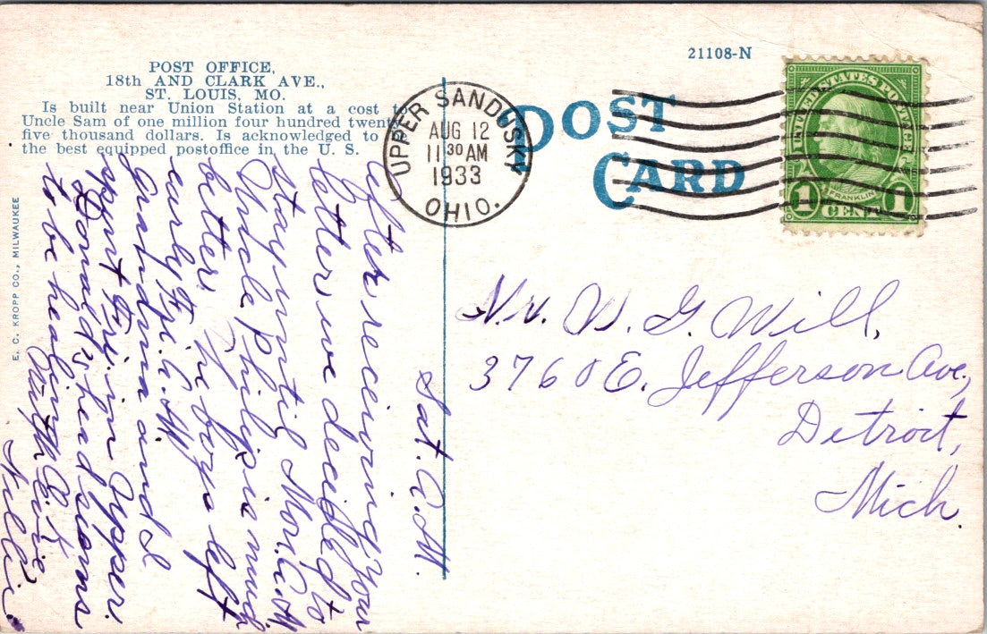 Vintage Postcard Post Office St Louis Missouri 18th And Clark Avenue Posted 1933