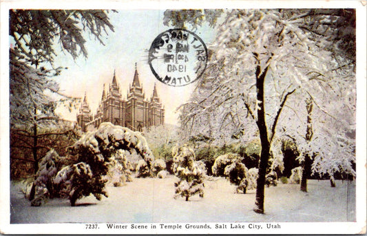 Vintage Postcard Winter Scene In Temple Grounds Salt Lake City Utah Posted 1940