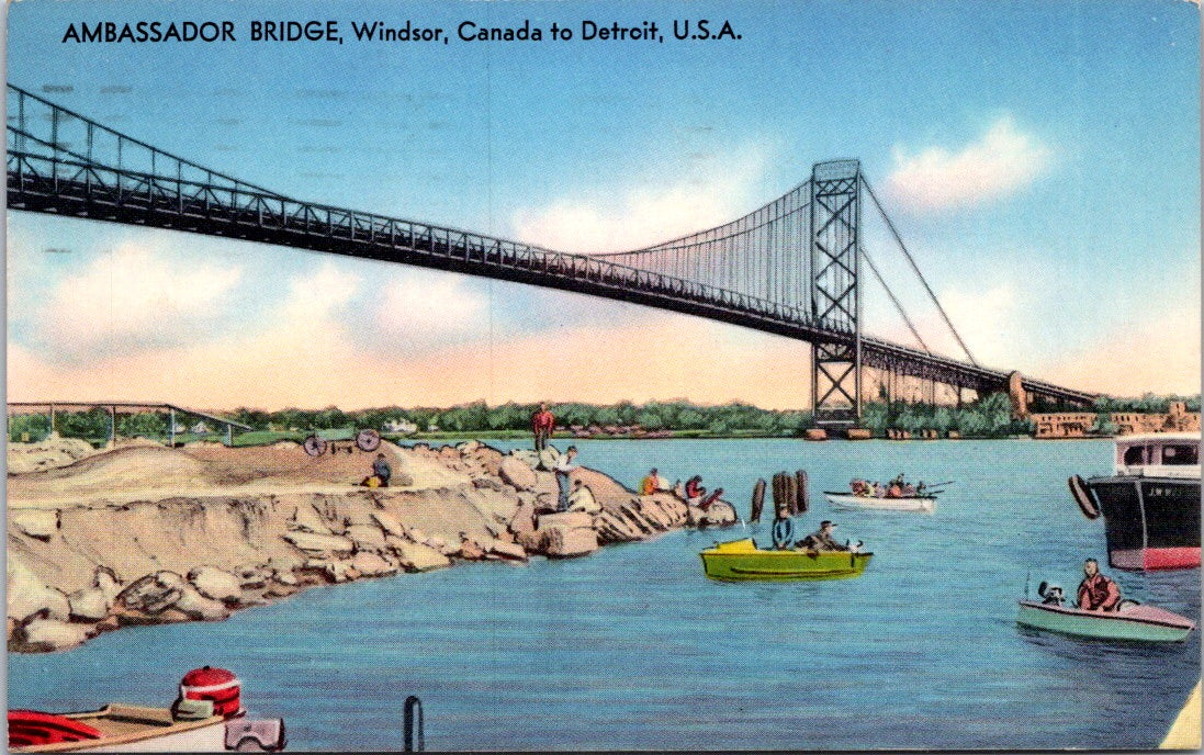 Vintage Postcard Ambassador Bridge Windsor Canada To Detroit Michigan Posted