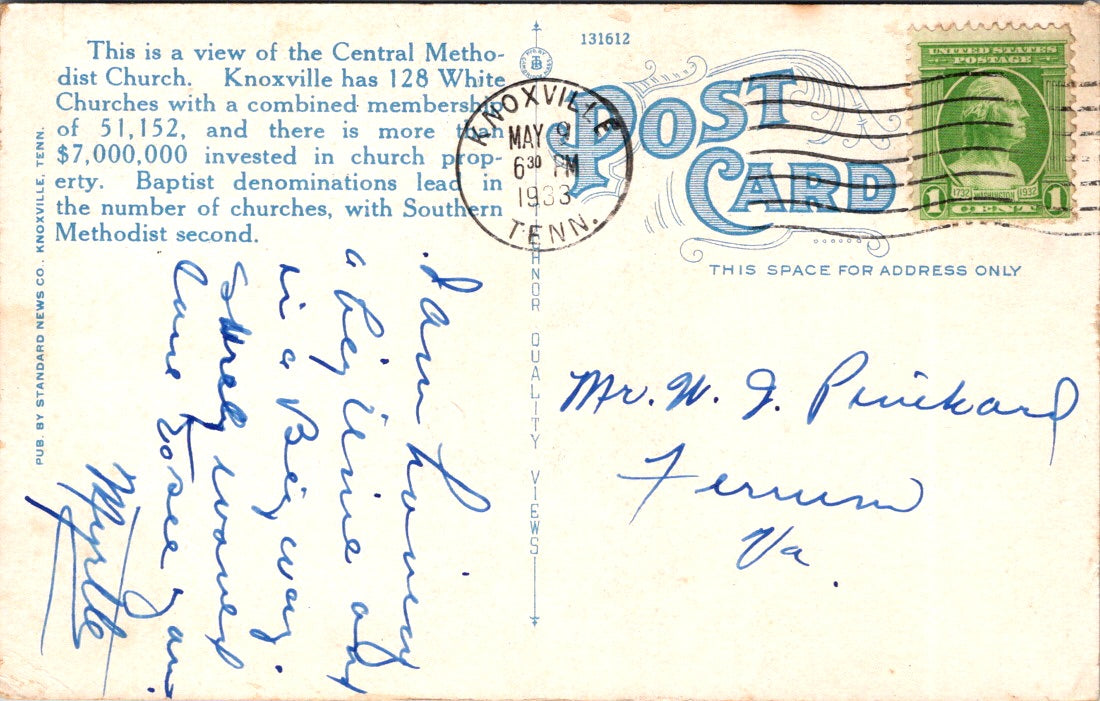 Vintage Postcard Central Methodist Church Knoxville Tennessee Posted 1933