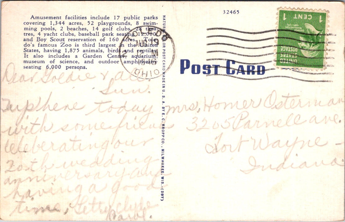 Vintage Postcard Walbridge Park Amusement Center Toledo Ohio Posted 1946