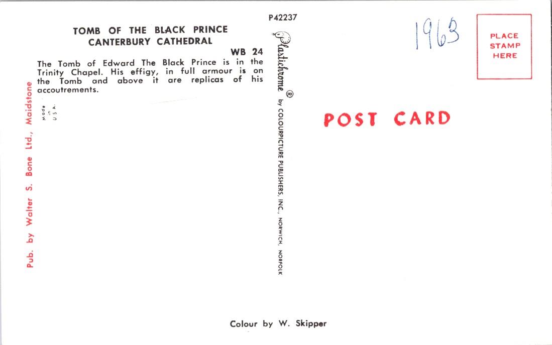 Vintage Postcard Tomb Of The Black Prince Canterbury Cathedral England Unposted