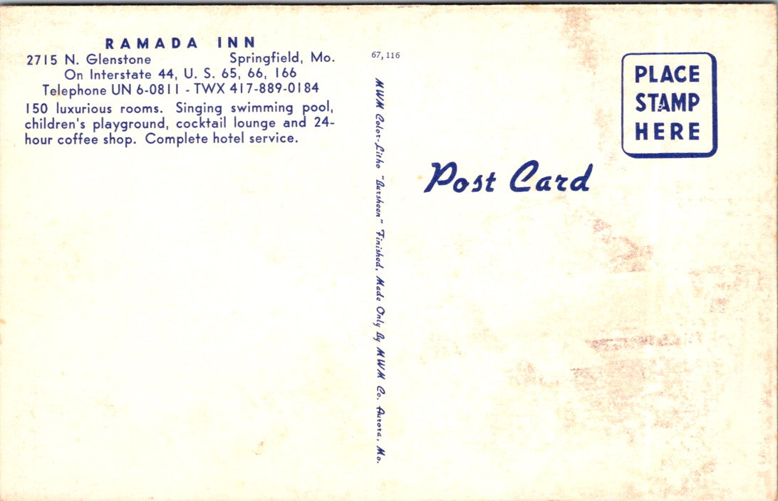 Vintage Postcard Ramada Inn Roadside Hotels Glenstone Springfield Missouri