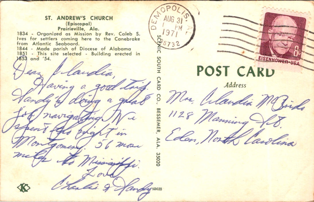 Vintage Postcard Saint Andrews Church Prairieville Alabama Posted 1971