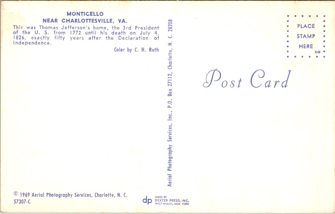 Vintage Postcard Monticello Near Charlottesville Virginia Thomas Jefferson Home