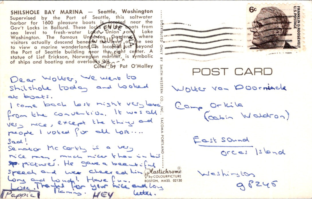 Vintage Postcard Shilshole Bay Marina Seattle Washington Posted 1968 US 6 Cents