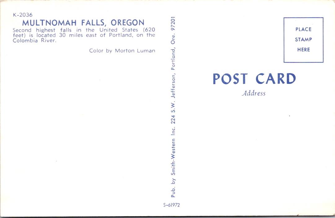 Vintage Postcard The Second Highest Falls Of USA Multnomah Falls Oregon Unposted