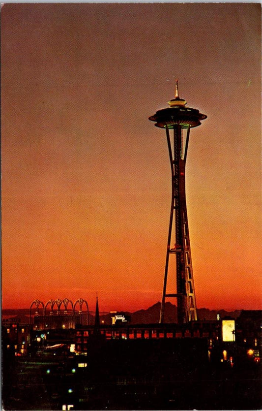 Vintage Postcard The Space Needle Tower At Night Seattle Washington Unposted