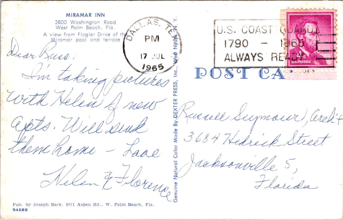 Vintage Postcard  Miramar Inn West Palm Beach Florida Posted 1965 US Four Cents