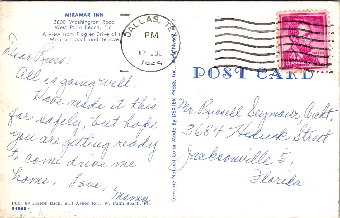 Vintage Postcard  Miramar Inn West Palm Beach Florida Posted 1965 US 4 Cents