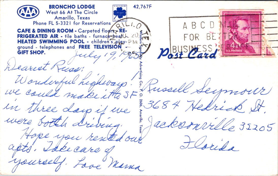 Vintage Postcard Broncho Lodge Amarillo Texas United States Posted 4 Cents