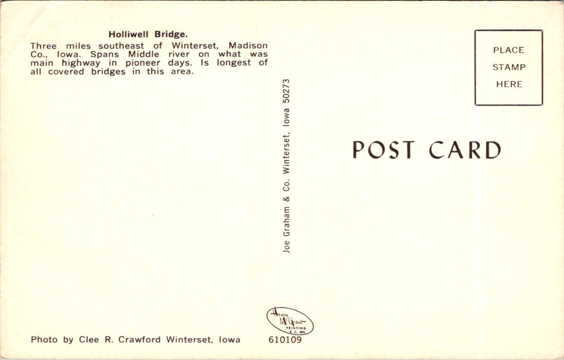 Vintage Postcard Holliwell Covered Bridge Madison County Iowa Unposted