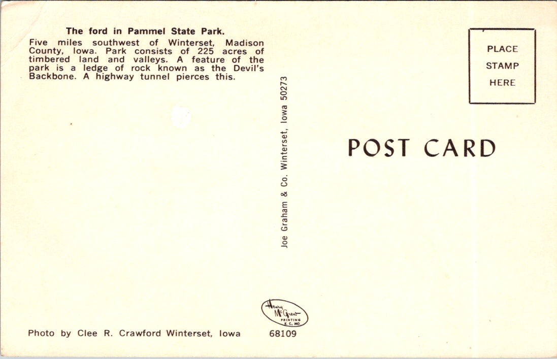 Vintage Postcard The Ford In Pammel State Park Iowa United States Unposted