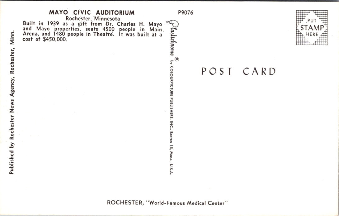 Vintage Postcard Mayo Civic Auditorium Rochester Minnesota Unposted