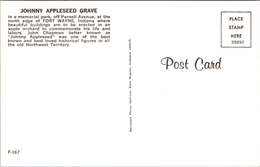 Vintage Postcard Johnny Appleseed Grave Fort Wayne Indiana United States