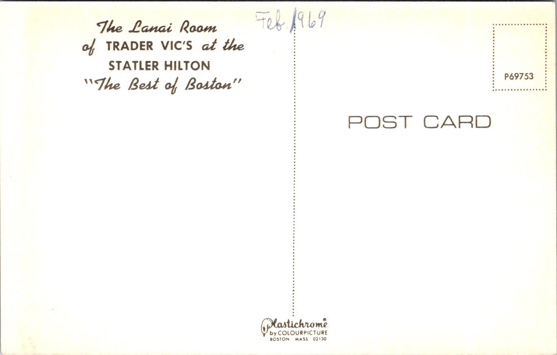 VTG Postcard The Lanai Room of Trader Vic's At The Statler Hilton Best Of Boston