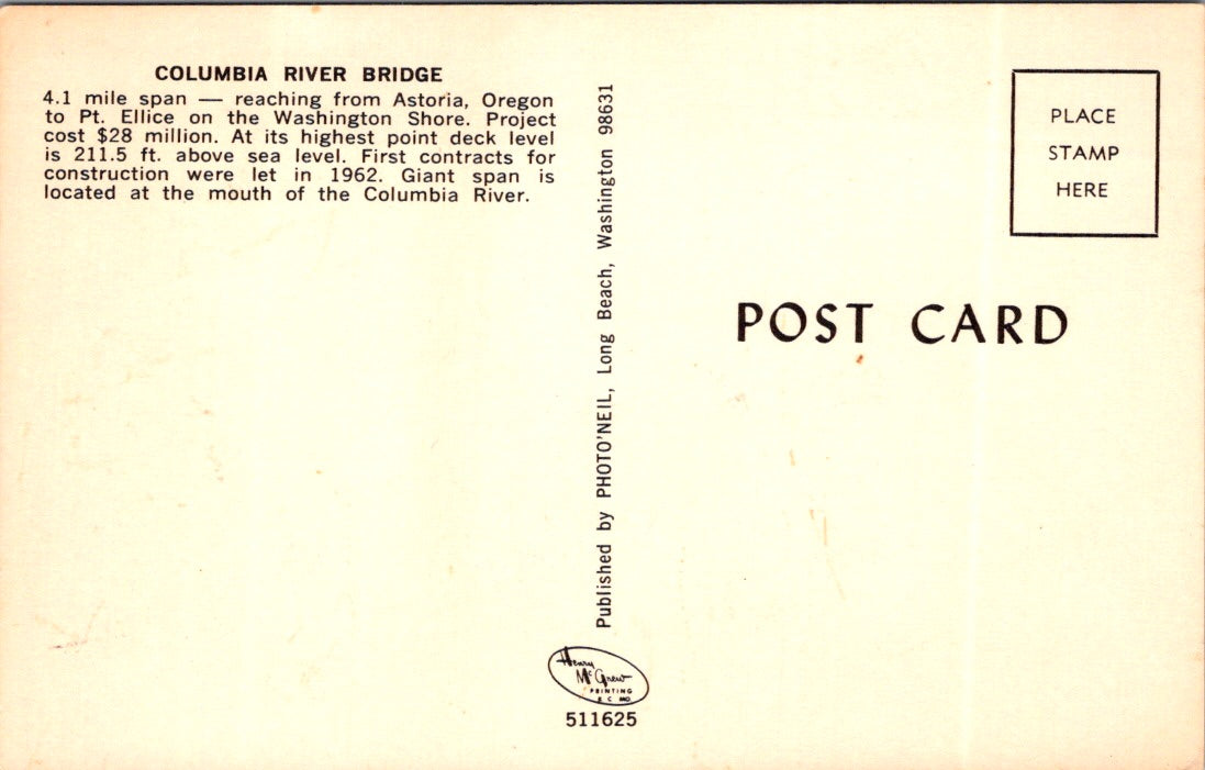 Vintage Postcard Columbia River Bridge Reaching From Astoria Oregon Unposted