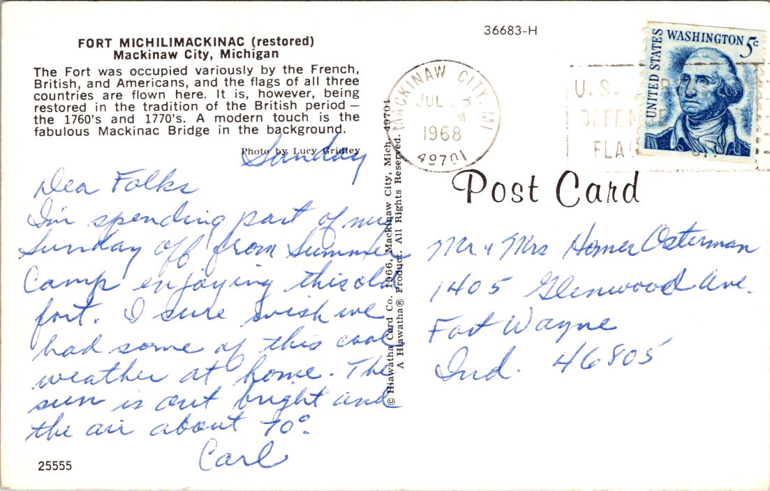 Vintage Postcard Fort Michilimackinac Mackinaw City Michigan Posted 1968