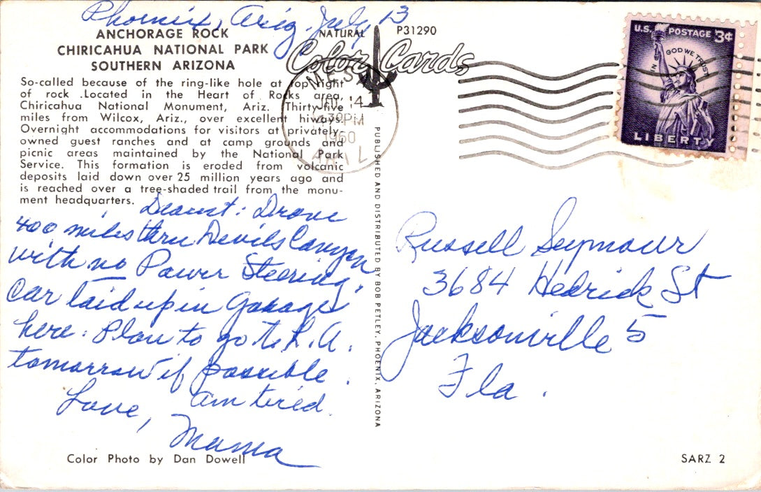 Vintage Postcard Anchorage Rock Chiricahua National Park Arizona Posted 1960