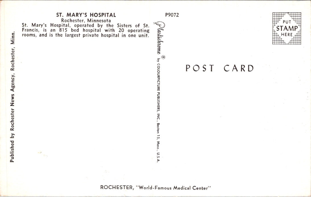 Vintage Postcard Saint Mary's Hospital Rochester Minnesota Unposted