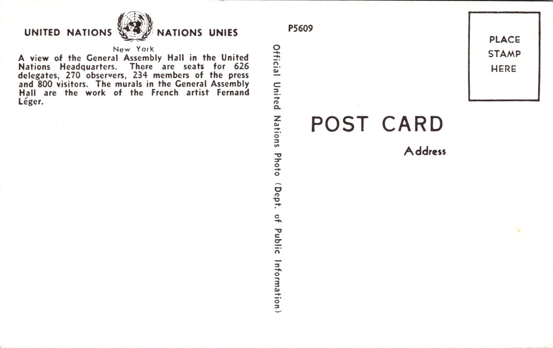 Vintage Postcard General Assembly Hall In The United Nations Headquarters