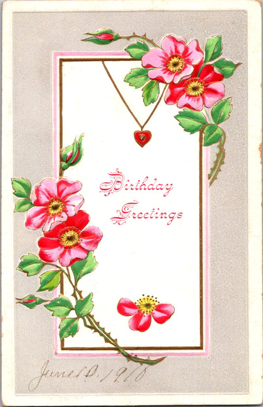 Vintage Postcard Flowers Necklace Birthday Greetings Posted 1910 US One Cent