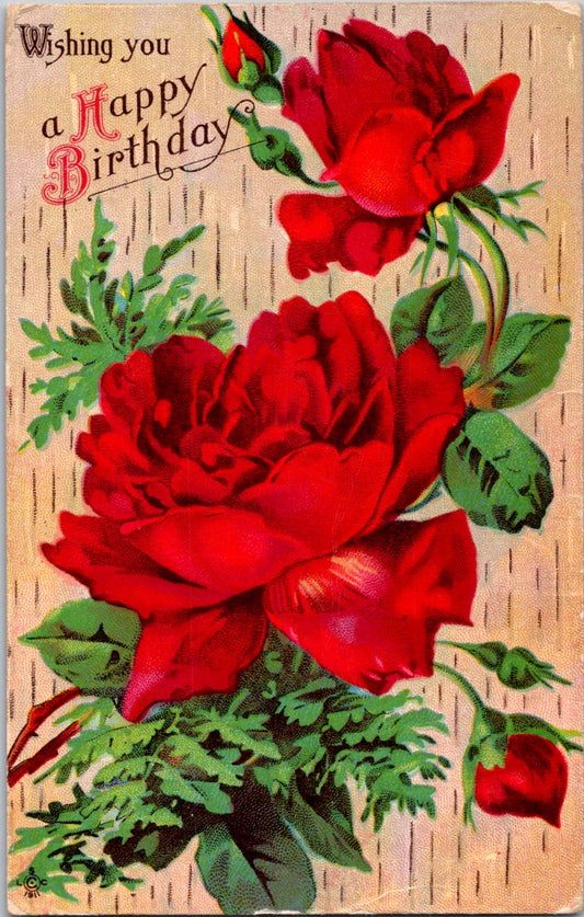 Vintage Postcard Red Roses Wishing You A Happy Birthday Posted 1913 US One Cent