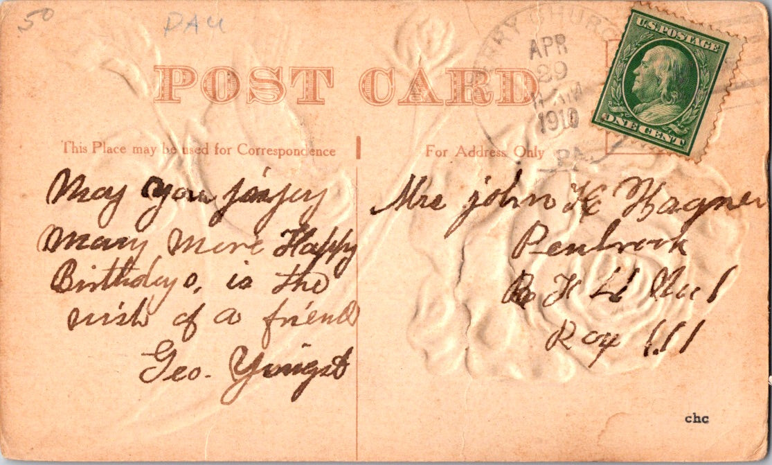 Vintage Postcard Pink Rose Embossed Posted 1910 Us Postage One Cent