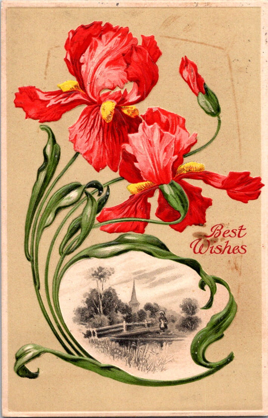 Vintage Postcard Red Flowers Best Wishes Greetings Posted US Postage One Cent