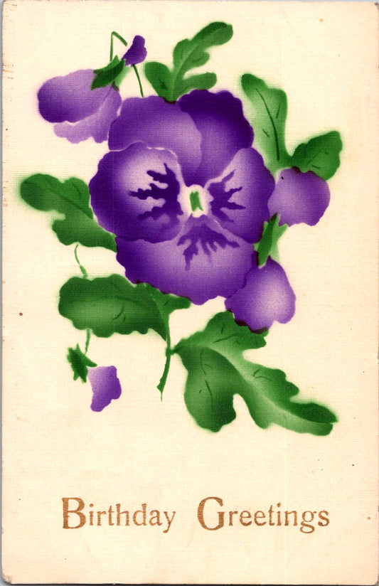 Vintage Postcard Purple Pansy Flower Birthday Greetings Posted 1913 US One Cent