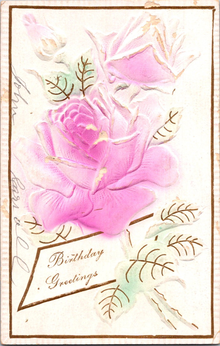 Vintage Postcard Pink Roses Embossed Birthday Greetings Unposted