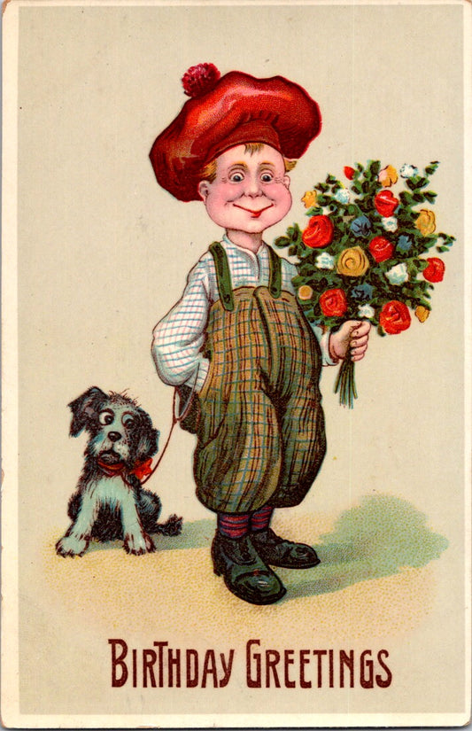 Vintage Postcard Man With Puppy Bunch Of Flowers Birthday Greetings Posted 1914