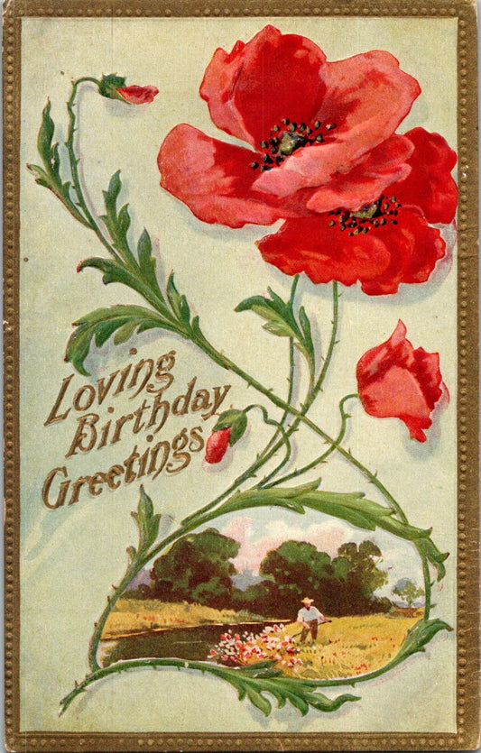 Vintage Postcard Red Flowers Loving Birthday Greetings Posted 1910 US One Cent